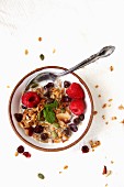 Muesli with raspberries, dried fruit and chocolate chips