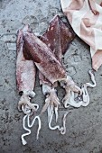 Three raw squid on a stone background (top view)