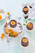 Chocolate eggs filled with cheesecake and physalis
