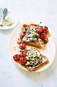 Savoury French toast with creamy leeks and kale, and grilled tomatoes