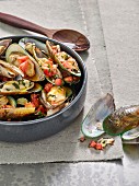 Grilled mussels with tomatoes and saffron