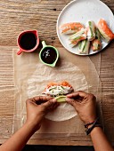 Rice paper rolls filled with vegetables and hoisin sauce