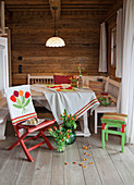 Embroidered and crocheted accessories around dining table in farmhouse