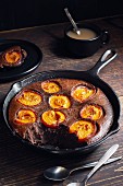 Chocolate and apricot clafoutis in a cast-iron pan