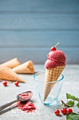 Cherry sorbet in an ice cream cone with freash cherries