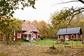 Typical Scandinavian farm with two Falu-red Swedish houses
