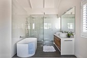 Oval bathtub in modern bathroom with floor-level shower