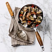 Vongole Shells Clams with tomato and parsley in cooking pan on white marble background