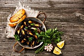 Mussels Clams in copper cooking dish pan and toasted bread on wooden background