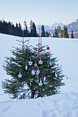 Fir tree decorated with hand-made Christmas decorations in snowy landscape