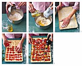 Focaccia with cherry tomatoes and taleggio being made