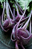 Bunches of kohlrabi in a rustic metal bowl (close up)