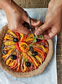 Roasted pepper and olive tart with anchovies