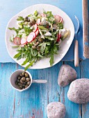 Rocket salad with radishes, feta, and capers