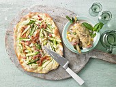 Asparagus tarte flambée and asparagus wrapped in lasagne sheets