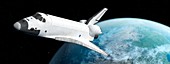 Space shuttle with distant planet, illustration
