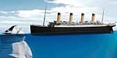 Ocean liner approaching iceberg, illustration