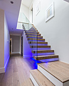 Floating staircase with indirect purple lighting