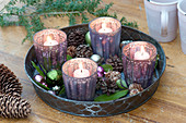 Fast Advent wreath with silver lanterns on metal tray