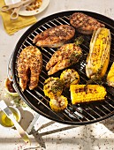 Salmon with corn on the grill
