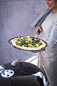 Pizza with rapini, figs, olives and blue cheese (unbaked)