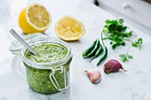 Spicy green chilli sauce with lemon and garlic