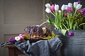 Vegan marble cake decorated with tulips
