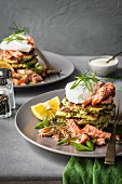 Courgette fritters with smoked salmon and poached eggs
