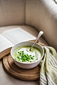 Pea and zucchini soup on a sofa with a book