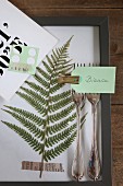 Pressed fern leaf in frame with place card