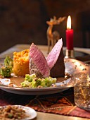 Lamb in garlic and cinnamon sauce with sweet potato puree and romanesco broccoli (Christmas)