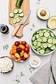 Ingredients for tomato salad with cucumber and mozzarella