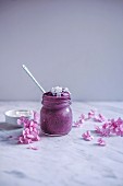 Blueberry banana ice cream topped with coconut flakes in a glass jar
