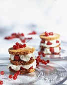 Raspberry layered tarts with whipped cream and red currants