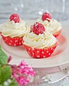 Cupcakes decorated with buttercream and raspberries