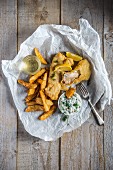 Fish and chips with tartare sauce and lemon