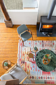 Retro chairs, stools and coffee table in front of fire in log burner