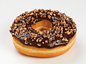A doughnut with chocolate glazing