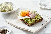 Dark rye bread topped with avocado, a fried egg, radishes and sprouts