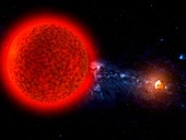 Exoplanet orbiting a red dwarf star, illustration