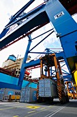 Container crane hoisting cargo onto ship