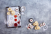 A baking arrangement featuring shortbread jam biscuits