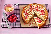 Almond and ricotta cake with a slice cut out