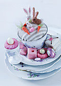 Easter arrangement of sweets and china