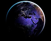 Eurasia and Africa at night, satellite image