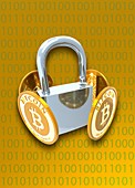 Bitcoins and padlock, illustration