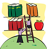 Boy climbing a ladder to reach books, illustration