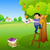 Boy holding a book and climbing a mango tree, illustration