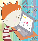 Boy learning on a computer, illustration