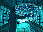 Businessman using virtual screens, illustration